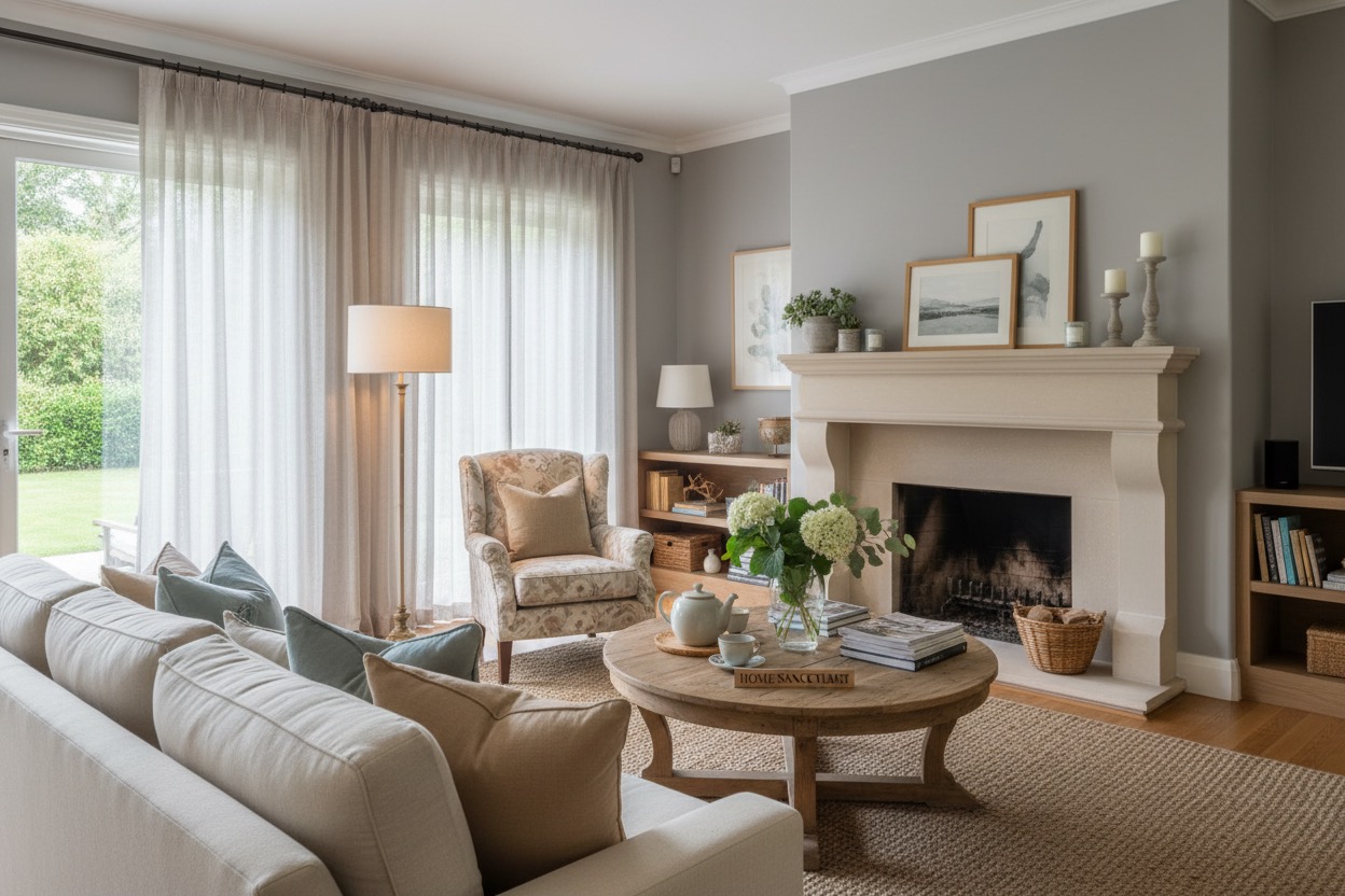 A cozy, well-lit living room features a light-colored sofa facing a stone fireplace, a round wooden coffee table, and large windows draped with sheer white curtains.